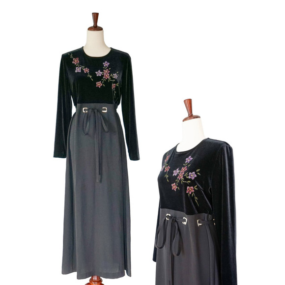 VTG Y2K Positive Attitude Floral Painted Velvet Maxi Dress 10 Whimsigoth Witchy - Picture 1 of 16